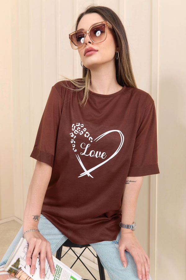 Düz Bisiklet Yaka Kadın Kahverengi T-Shirt - 22249