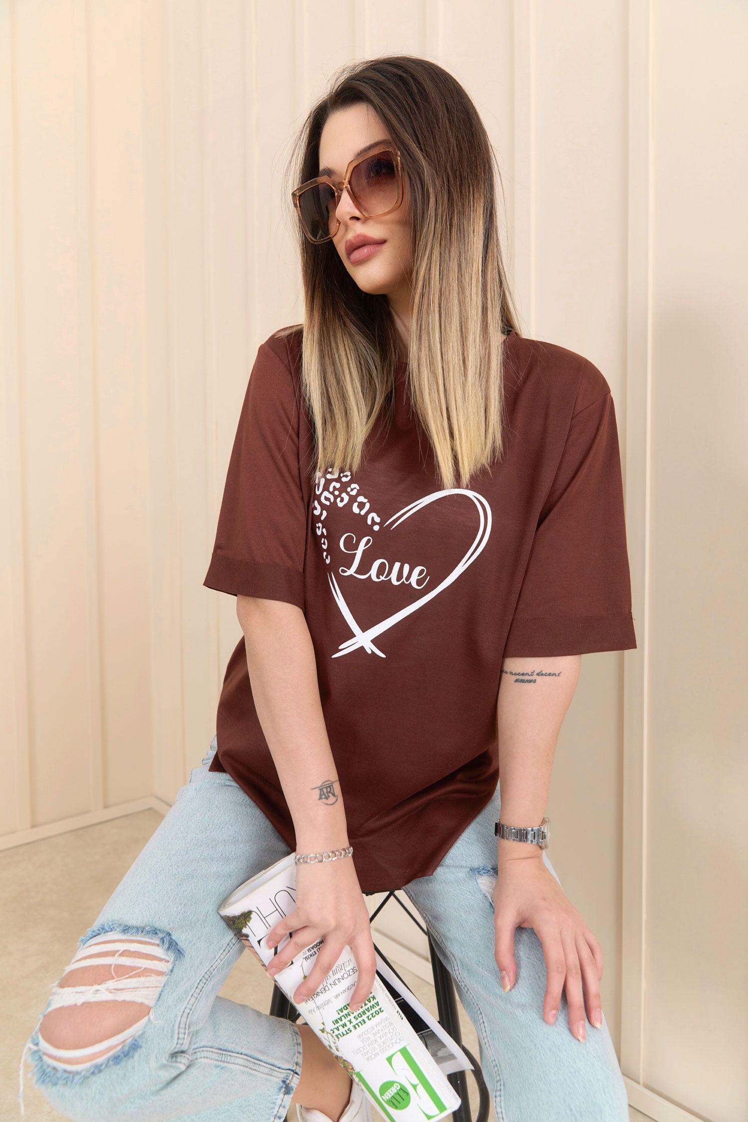Düz Bisiklet Yaka Kadın Kahverengi T-Shirt - 22249