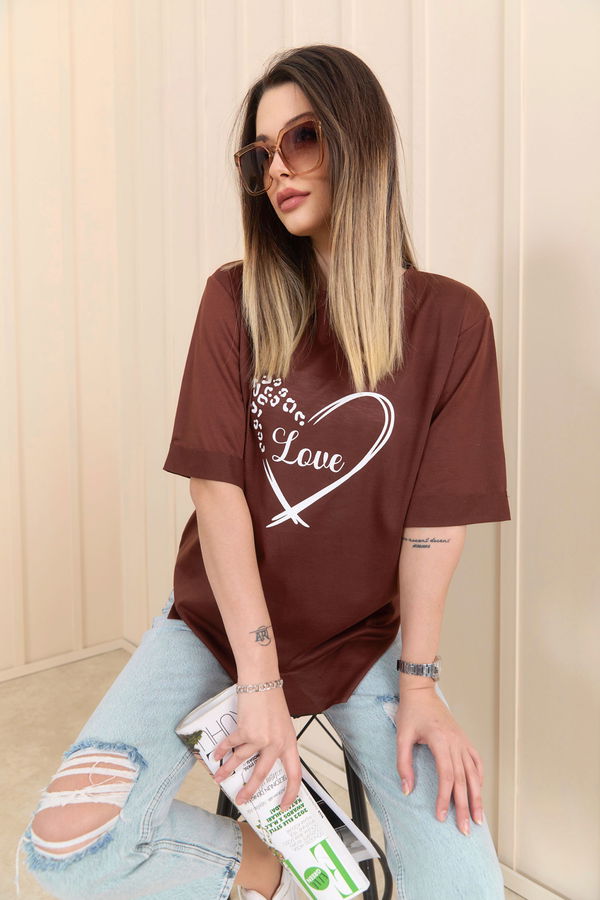 Düz Bisiklet Yaka Kadın Kahverengi T-Shirt - 22249