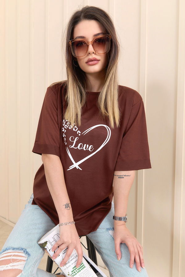 Düz Bisiklet Yaka Kadın Kahverengi T-Shirt - 22249