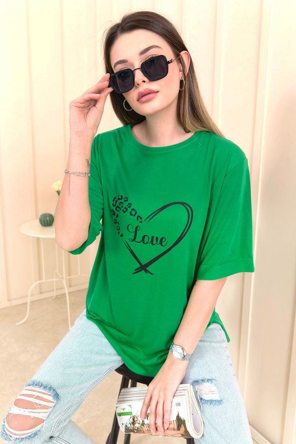 Düz Bisiklet Yaka Kadın Yeşil T-Shirt - 22249