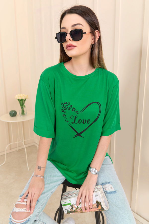 Düz Bisiklet Yaka Kadın Yeşil T-Shirt - 22249