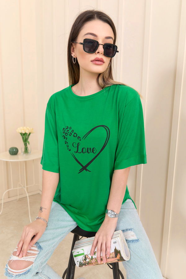 Düz Bisiklet Yaka Kadın Yeşil T-Shirt - 22249