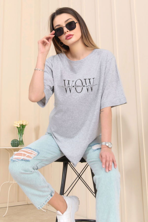 Düz Bisiklet Yaka Kadın Gri T-Shirt - 22247
