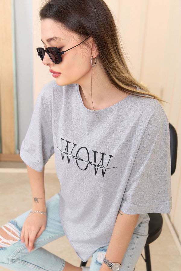 Düz Bisiklet Yaka Kadın Gri T-Shirt - 22247