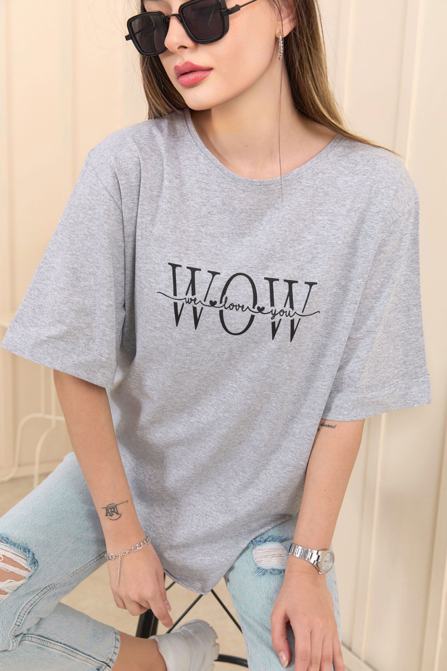 Düz Bisiklet Yaka Kadın Gri T-Shirt - 22247