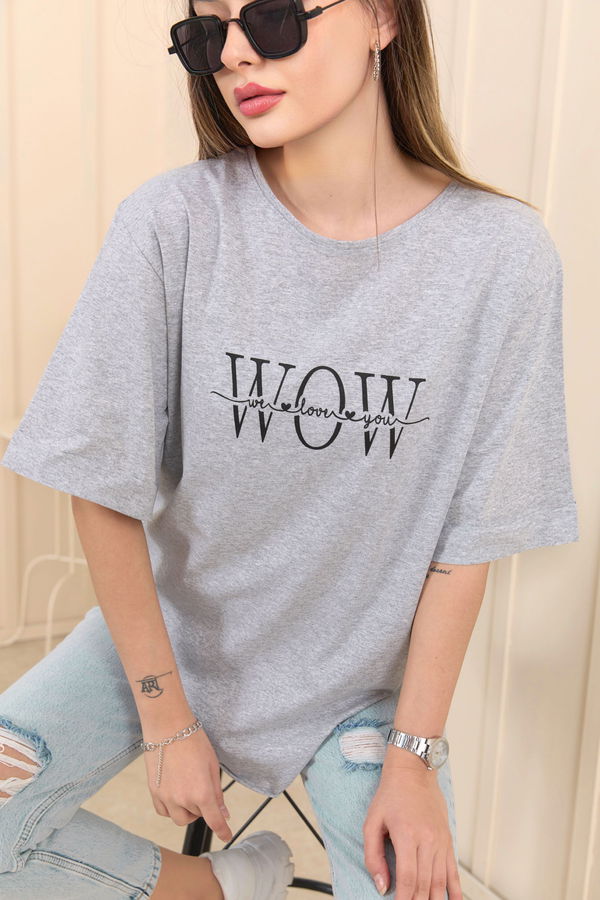 Düz Bisiklet Yaka Kadın Gri T-Shirt - 22247