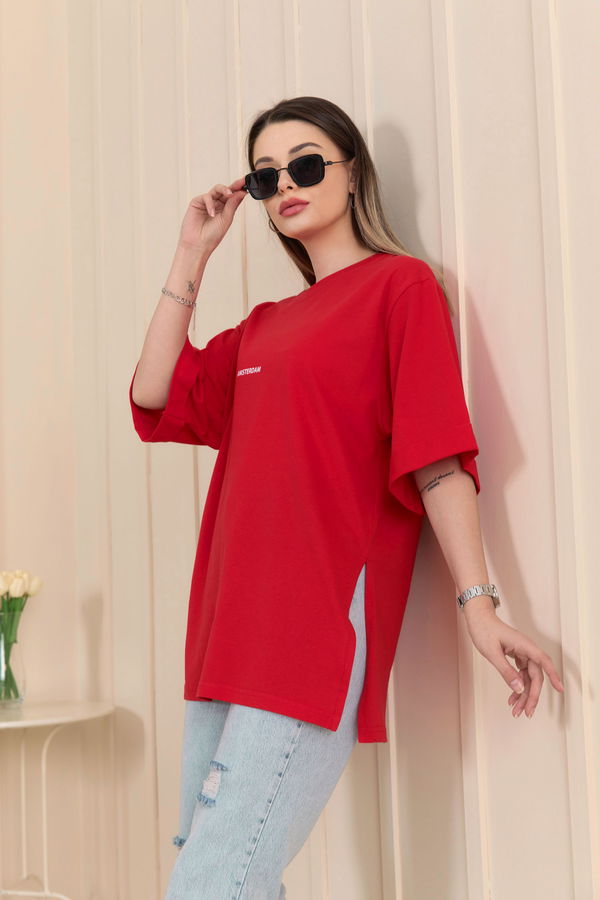 Düz Bisiklet Yaka Kadın Kırmızı T-shirt - 22236