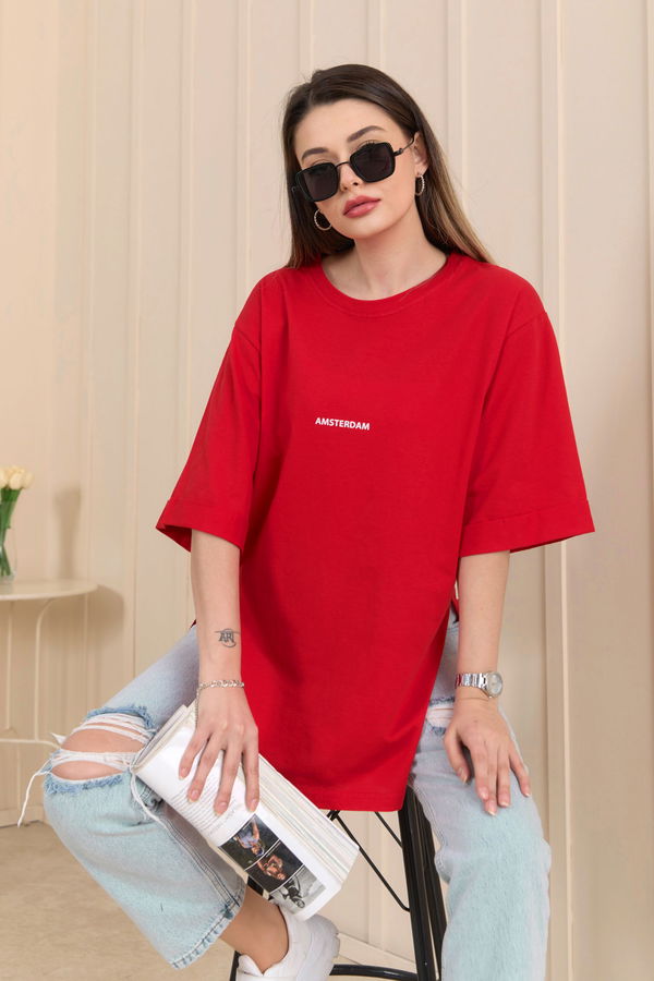 Düz Bisiklet Yaka Kadın Kırmızı T-shirt - 22236