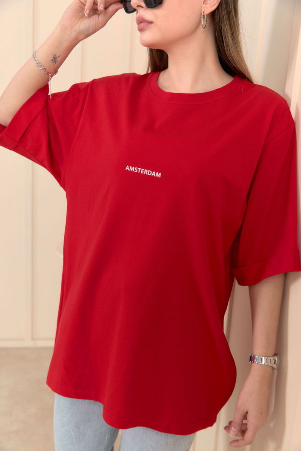 Düz Bisiklet Yaka Kadın Kırmızı T-shirt - 22236