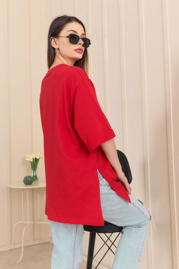 Düz Bisiklet Yaka Kadın Kırmızı T-shirt - 22236