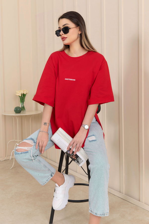 Düz Bisiklet Yaka Kadın Kırmızı T-shirt - 22236