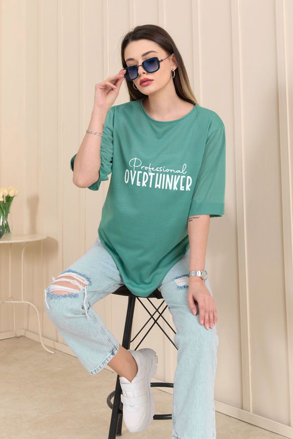 Düz Bisiklet Yaka Kadın Yeşil T-Shirt - 22246