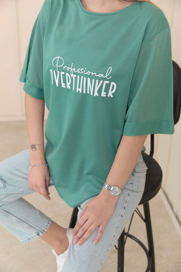Düz Bisiklet Yaka Kadın Yeşil T-Shirt - 22246
