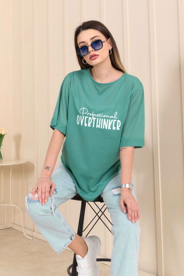 Düz Bisiklet Yaka Kadın Yeşil T-Shirt - 22246