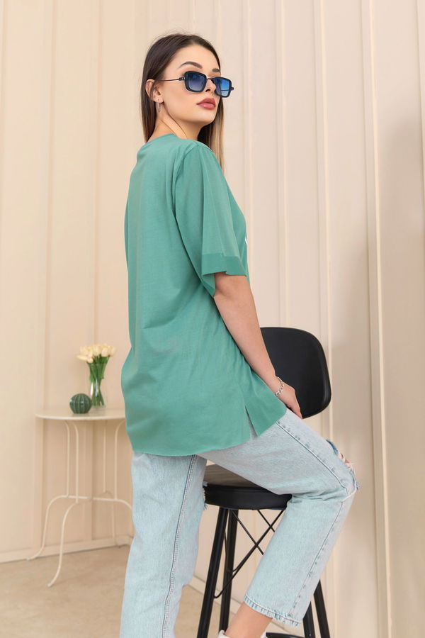 Düz Bisiklet Yaka Kadın Yeşil T-Shirt - 22246