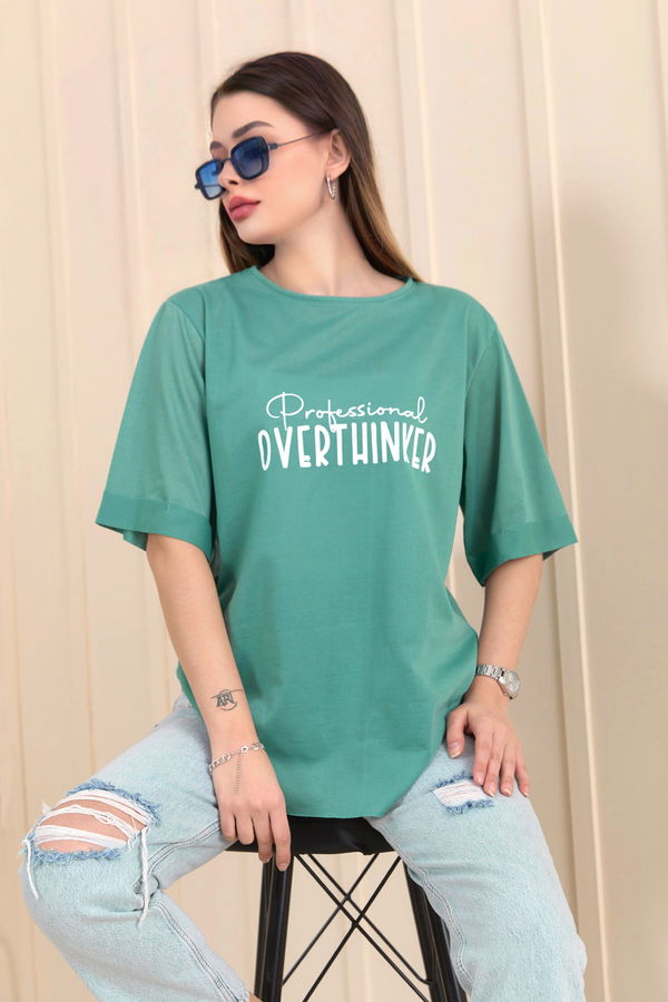 Düz Bisiklet Yaka Kadın Yeşil T-Shirt - 22246