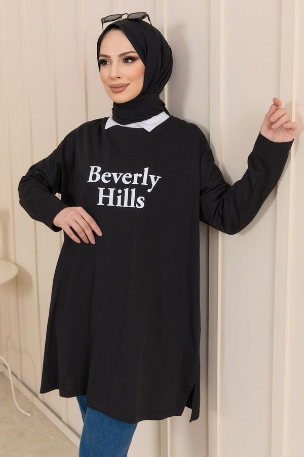 Düz Bisiklet Yaka Kadın Siyah T-Shirt - 22238 SİYAH