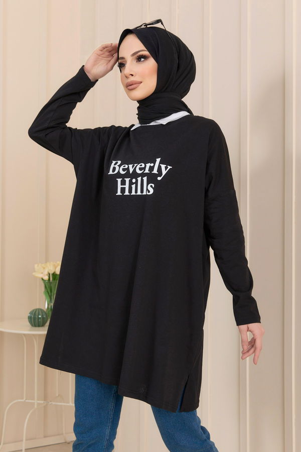 Düz Bisiklet Yaka Kadın Siyah T-Shirt - 22238 SİYAH