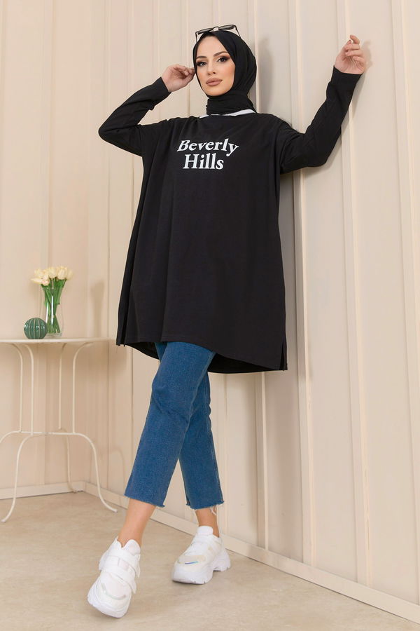 Düz Bisiklet Yaka Kadın Siyah T-Shirt - 22238 SİYAH