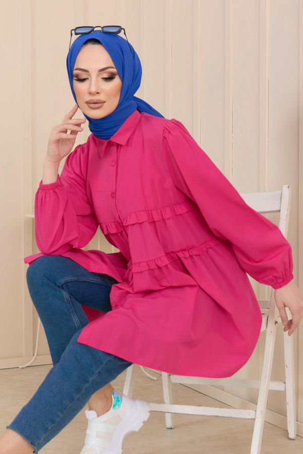 Düz Gömlek Yaka Kadın Fuşya Gömlek Tunik - 22231 FUŞYA