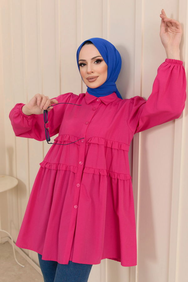 Düz Gömlek Yaka Kadın Fuşya Gömlek Tunik - 22231 FUŞYA