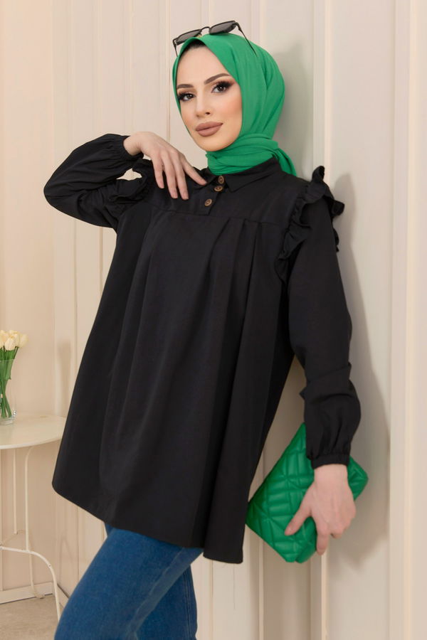 Düz Gömlek Yaka Kadın Siyah Gömlek Tunik - 22232 SİYAH
