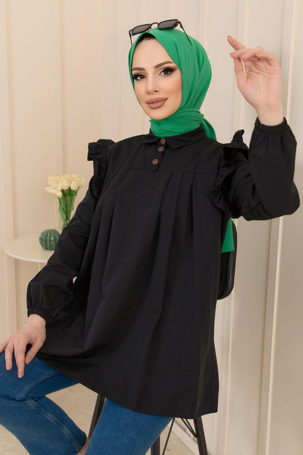 Düz Gömlek Yaka Kadın Siyah Gömlek Tunik - 22232 SİYAH