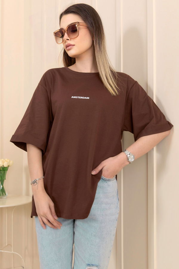 Düz Bisiklet Yaka Kadın Kahverengi T-shirt - 22236