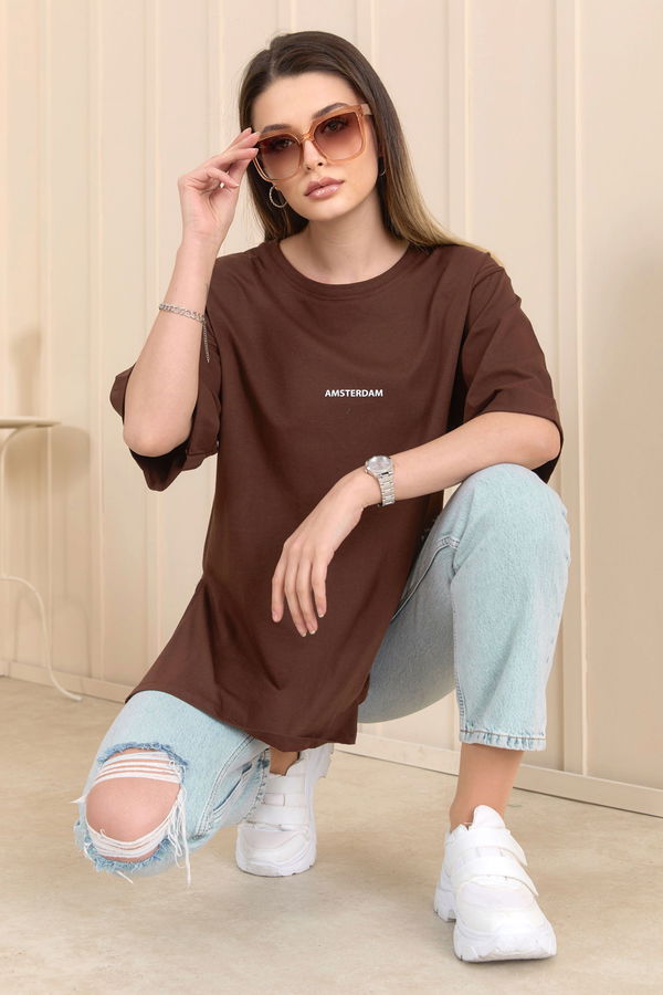 Düz Bisiklet Yaka Kadın Kahverengi T-shirt - 22236