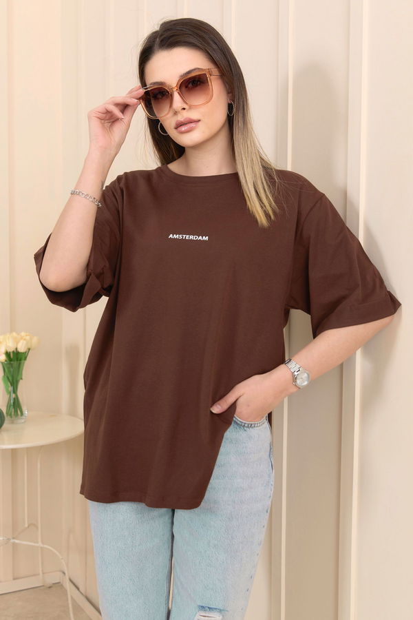 Düz Bisiklet Yaka Kadın Kahverengi T-shirt - 22236