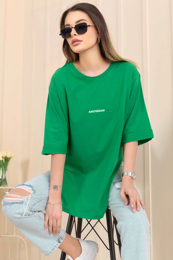 Düz Bisiklet Yaka Kadın Yeşil T-shirt - 22236 YEŞİL