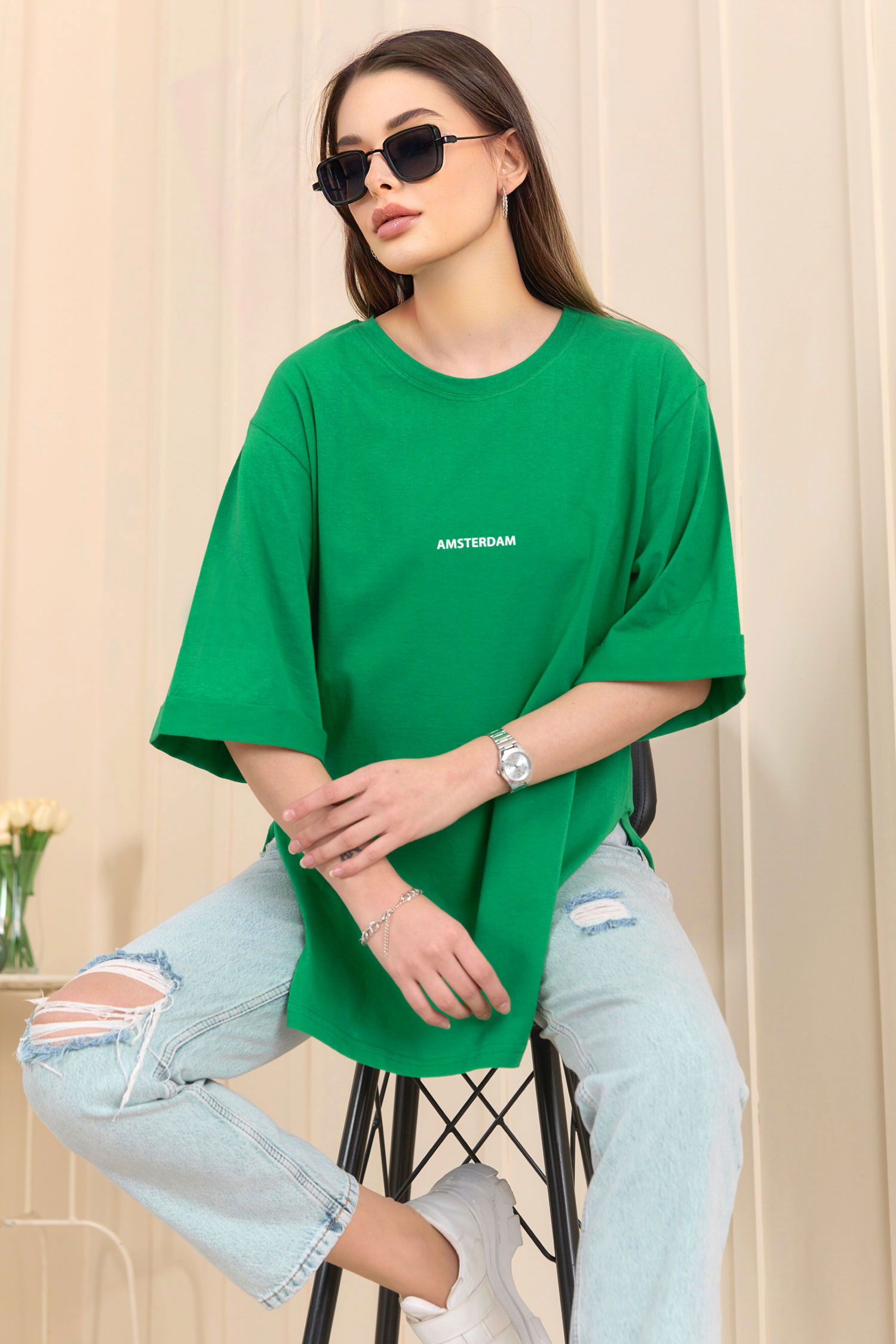 Düz Bisiklet Yaka Kadın Yeşil T-shirt - 22236 YEŞİL