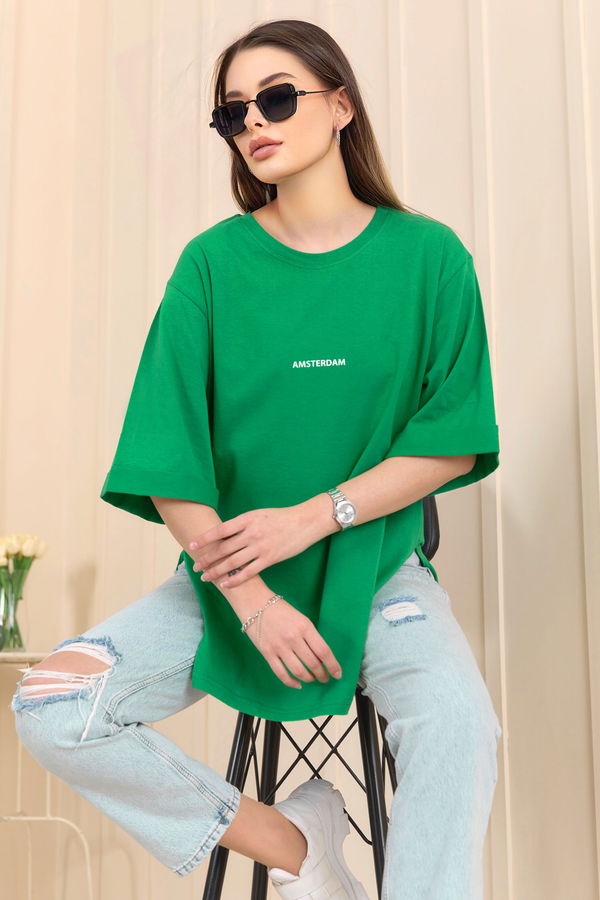 Düz Bisiklet Yaka Kadın Yeşil T-shirt - 22236 YEŞİL