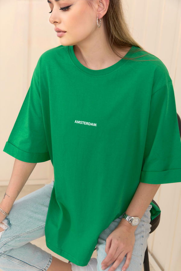 Düz Bisiklet Yaka Kadın Yeşil T-shirt - 22236 YEŞİL