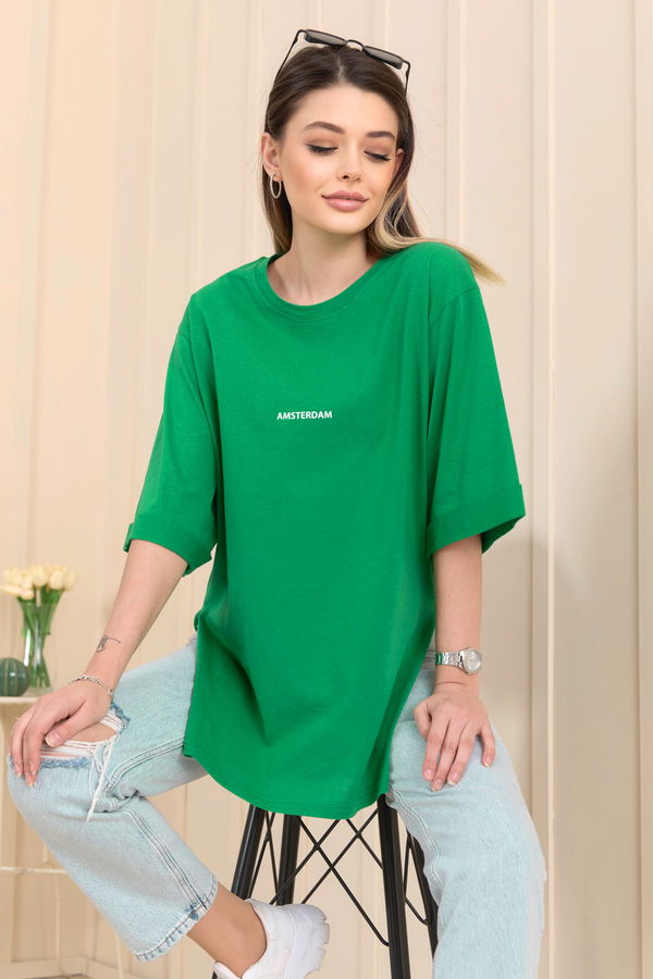 Düz Bisiklet Yaka Kadın Yeşil T-shirt - 22236 YEŞİL