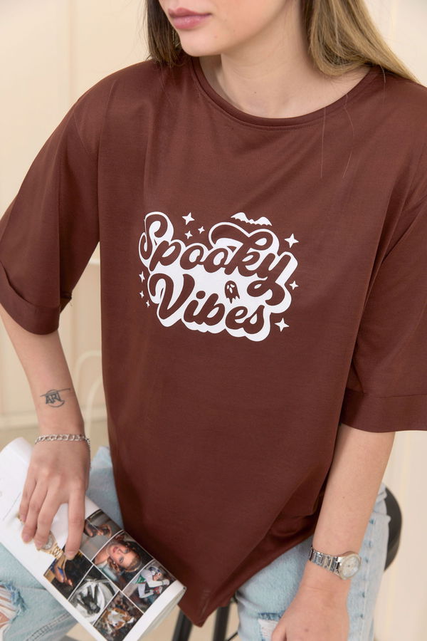 Düz Bisiklet Yaka Kadın Kahverengi T-Shirt - 22244 KAHVERENGİ