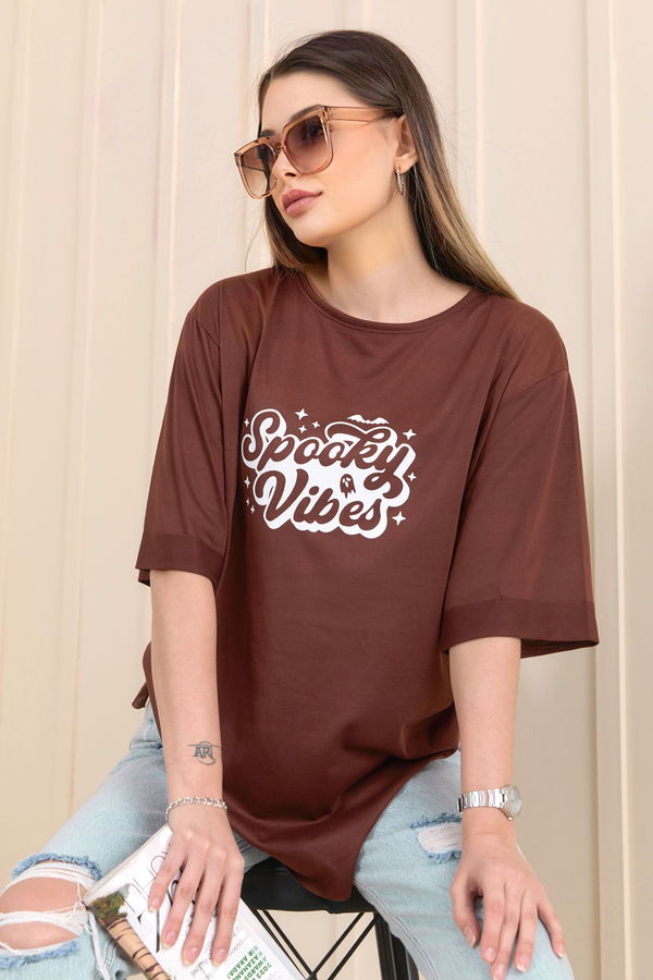 Düz Bisiklet Yaka Kadın Kahverengi T-Shirt - 22244 KAHVERENGİ