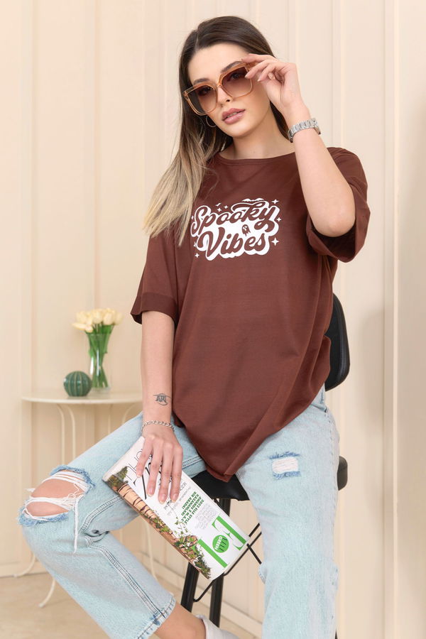 Düz Bisiklet Yaka Kadın Kahverengi T-Shirt - 22244 KAHVERENGİ