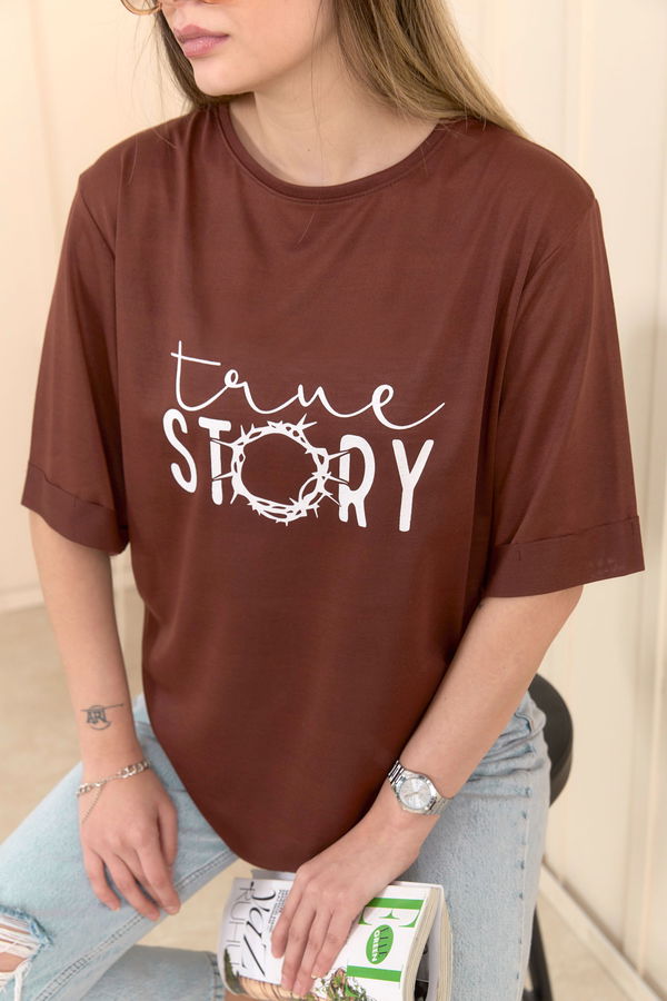 Düz Bisiklet Yaka Kadın Kahverengi T-Shirt - 22245 KAHVERENGİ