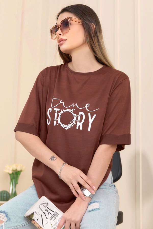 Düz Bisiklet Yaka Kadın Kahverengi T-Shirt - 22245 KAHVERENGİ