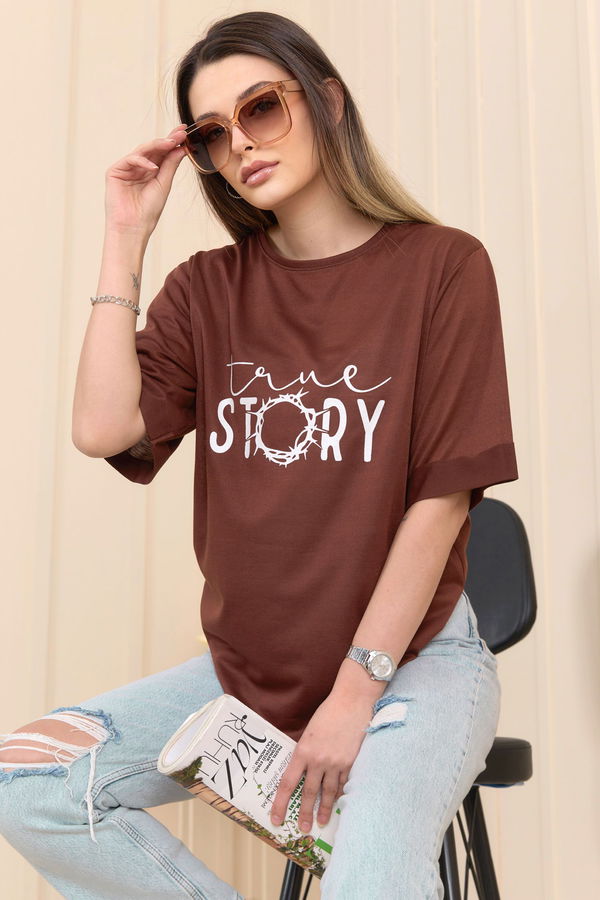 Düz Bisiklet Yaka Kadın Kahverengi T-Shirt - 22245 KAHVERENGİ