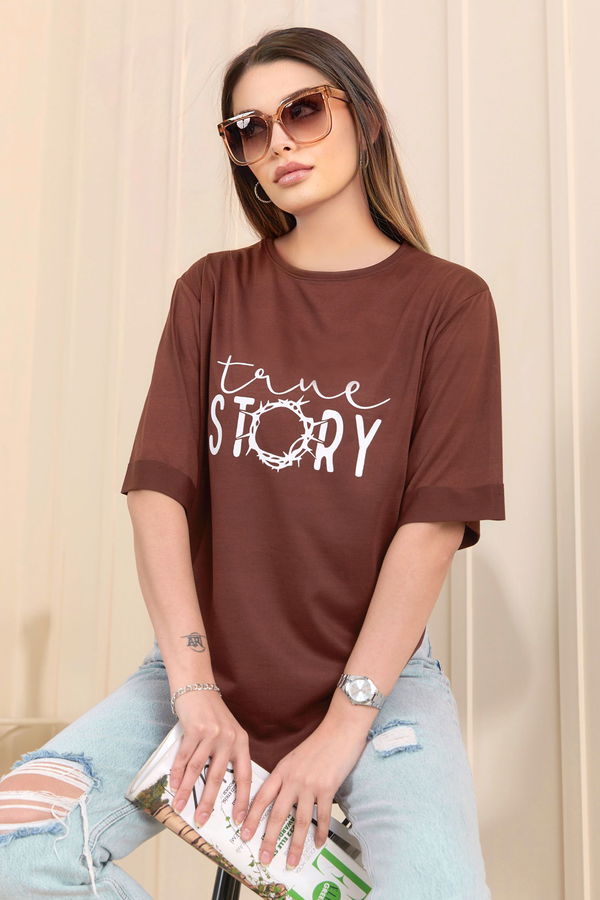 Düz Bisiklet Yaka Kadın Kahverengi T-Shirt - 22245 KAHVERENGİ