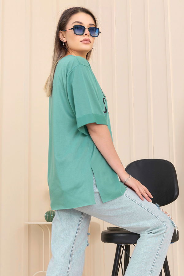 Düz Bisiklet Yaka Kadın Yeşil T-Shirt - 22245