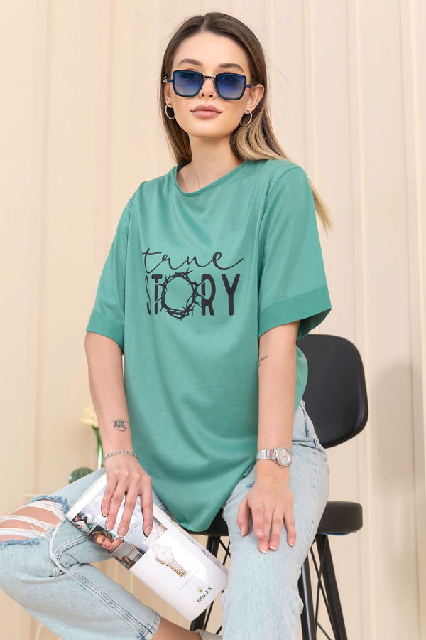 Düz Bisiklet Yaka Kadın Yeşil T-Shirt - 22245