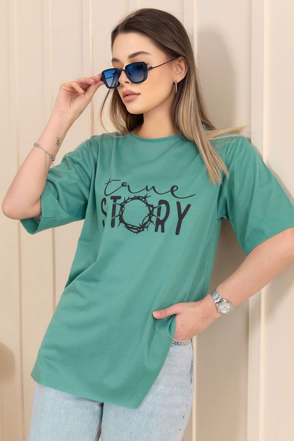 Düz Bisiklet Yaka Kadın Yeşil T-Shirt - 22245