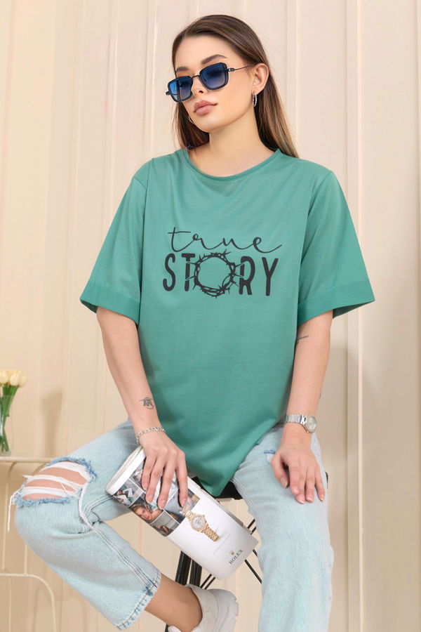 Düz Bisiklet Yaka Kadın Yeşil T-Shirt - 22245