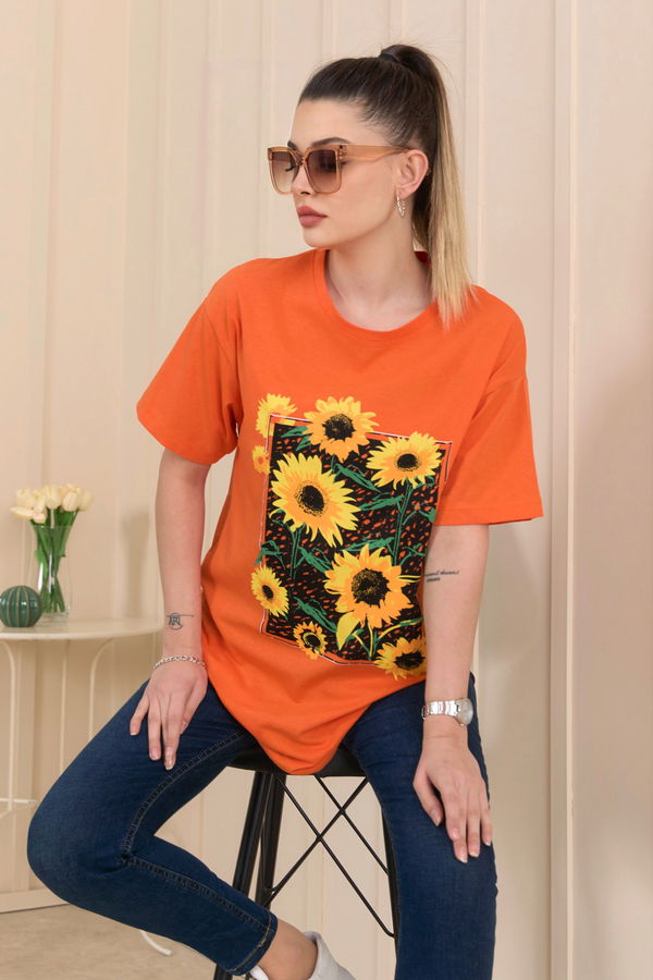 Düz Bisiklet Yaka Kadın Turuncu T-Shirt - 22250 TURUNCU