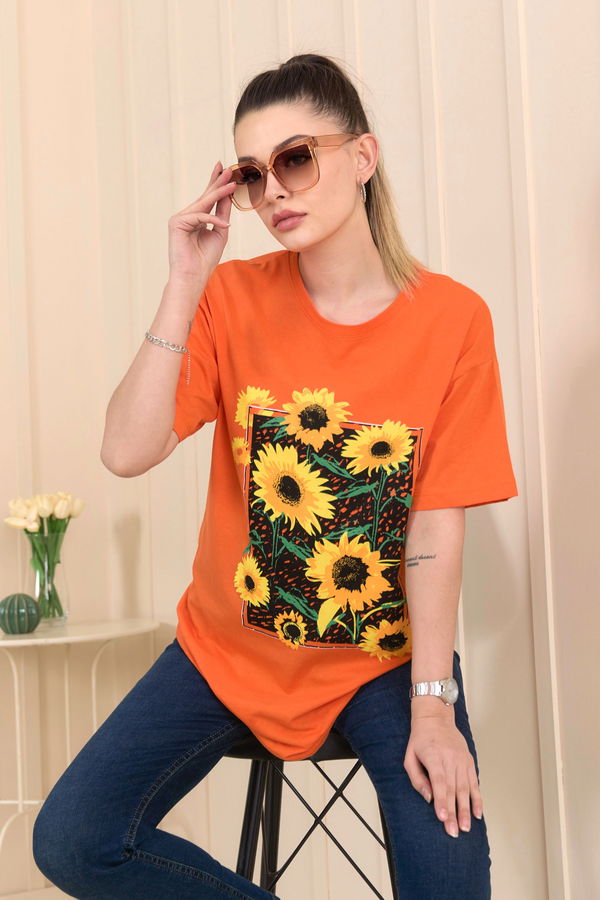 Düz Bisiklet Yaka Kadın Turuncu T-Shirt - 22250 TURUNCU
