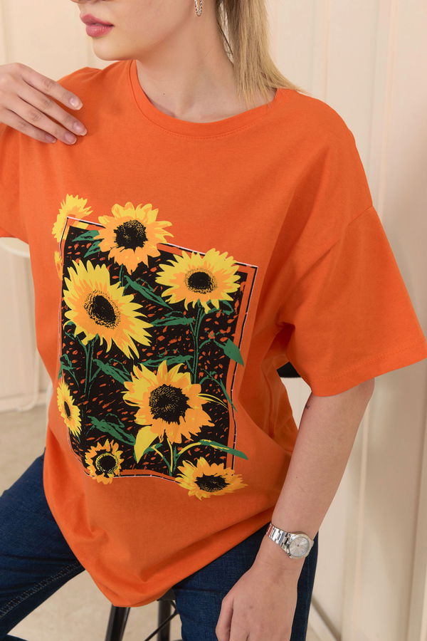 Düz Bisiklet Yaka Kadın Turuncu T-Shirt - 22250 TURUNCU